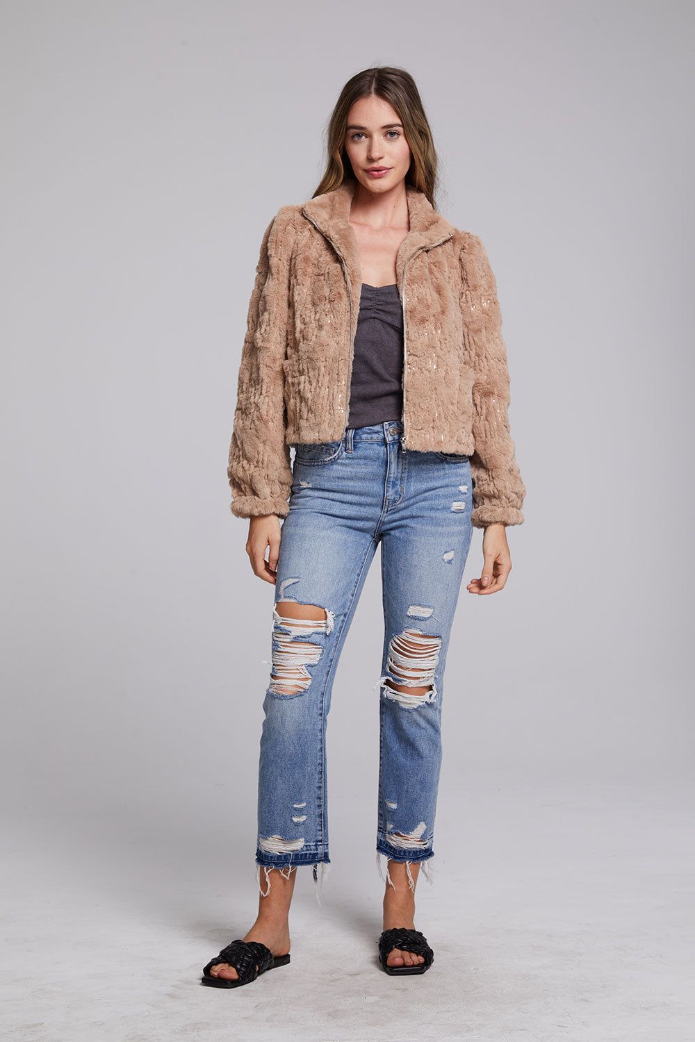 Sequin Faux Fur Puff Sleeve Jacket sold by Chaser product image thumbnail 7