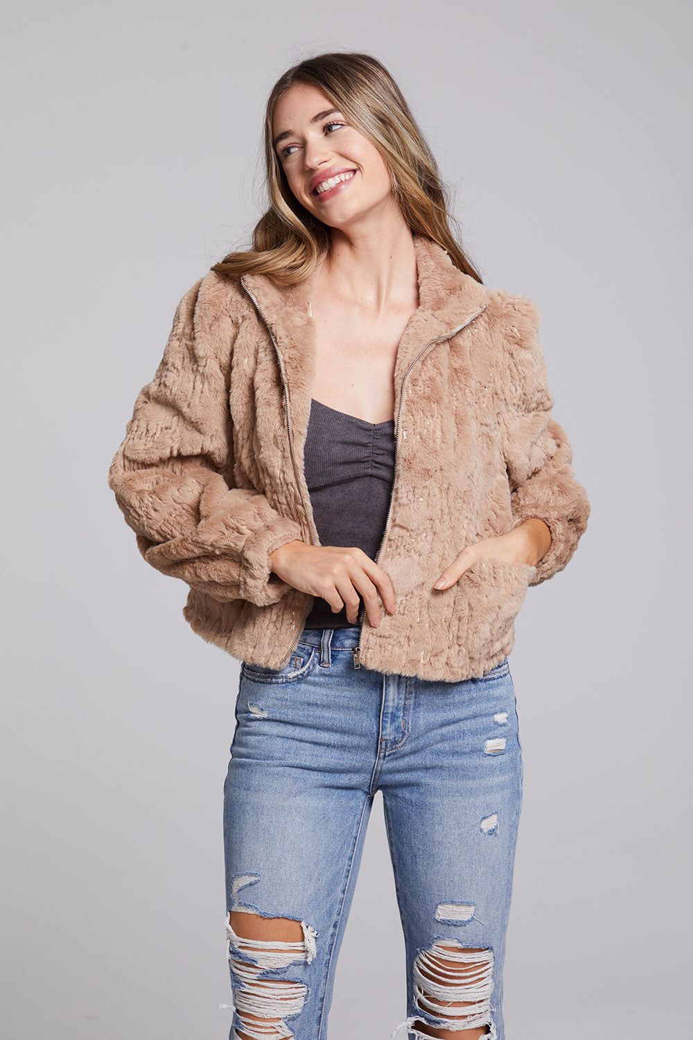 Sequin Faux Fur Puff Sleeve Jacket sold by Chaser product image thumbnail 4