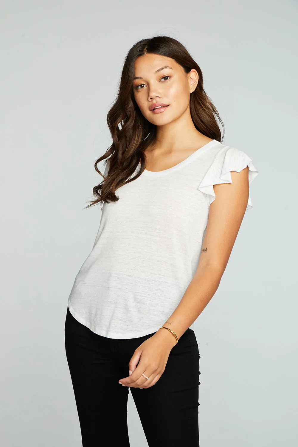 Linen Jersey Scoop Neck Flutter Sleeve Shirttail Tee sold by Chaser