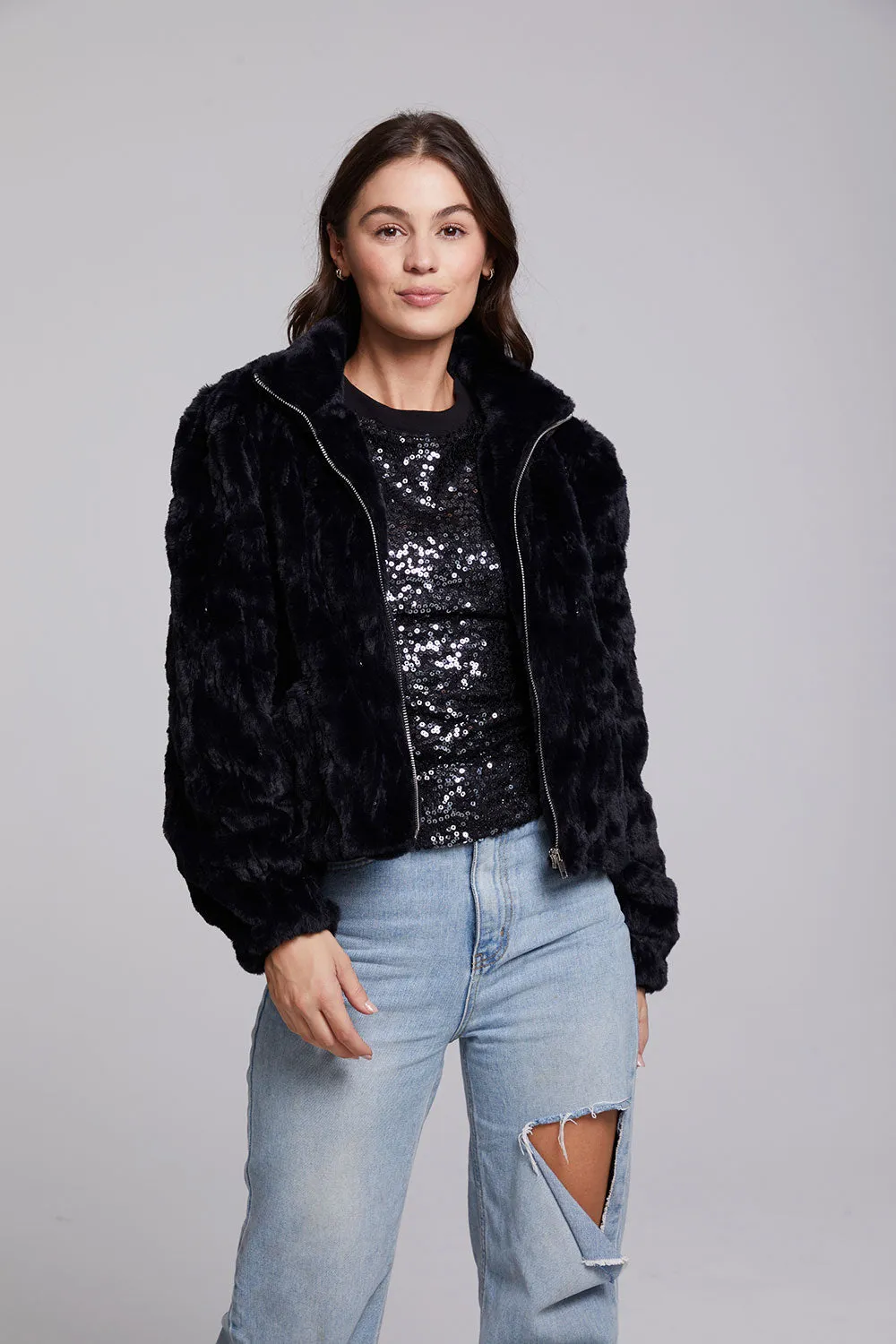 Sequin Faux Fur Puff Sleeve Jacket sold by Chaser product image thumbnail 3