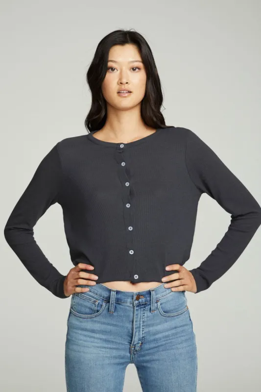 Long Sleeve Button Down Semi Cropped Tee sold by Chaser