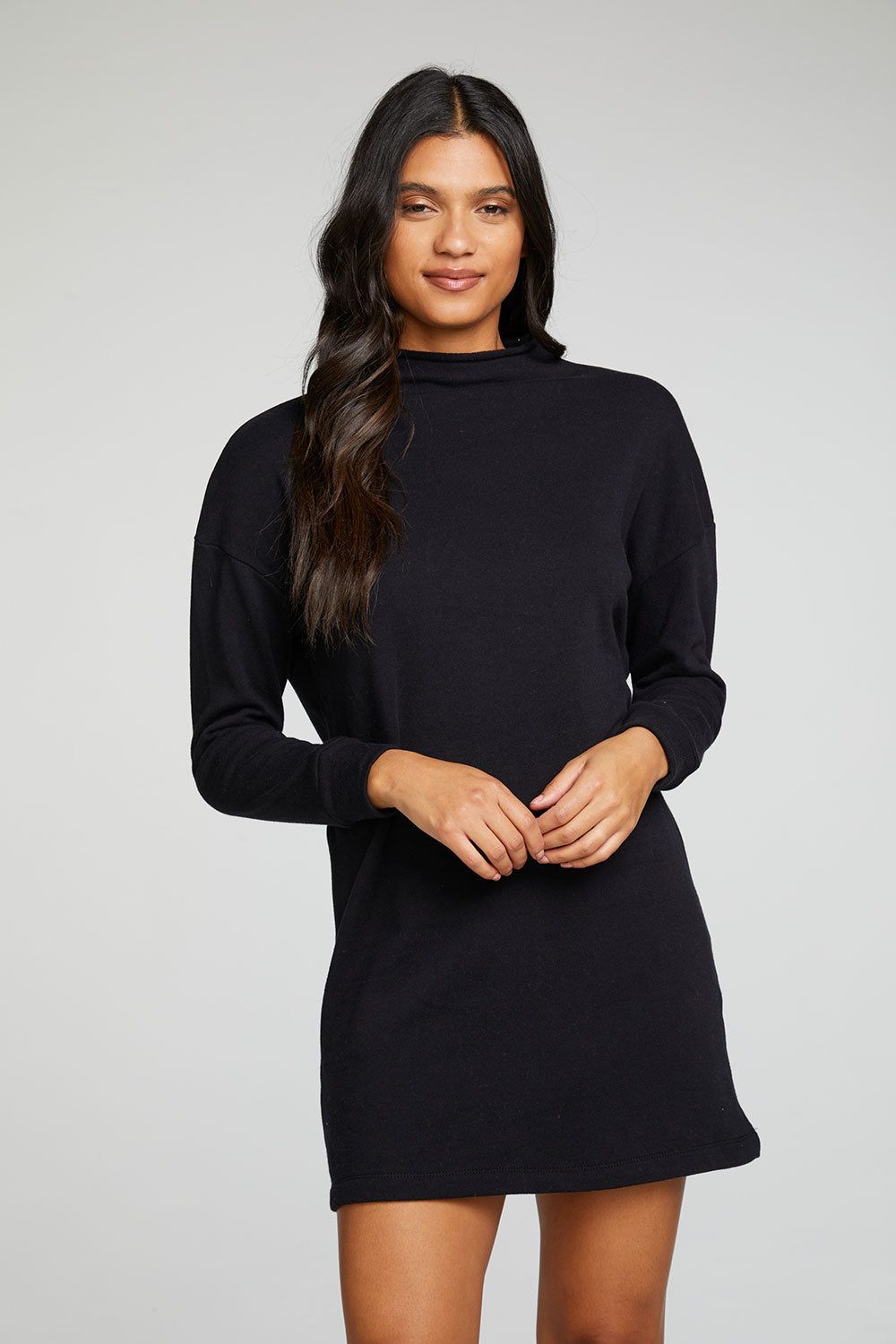 Cotton Fleece Long Sleeve Drop Shoulder Mock Neck Mini Dress sold by Chaser