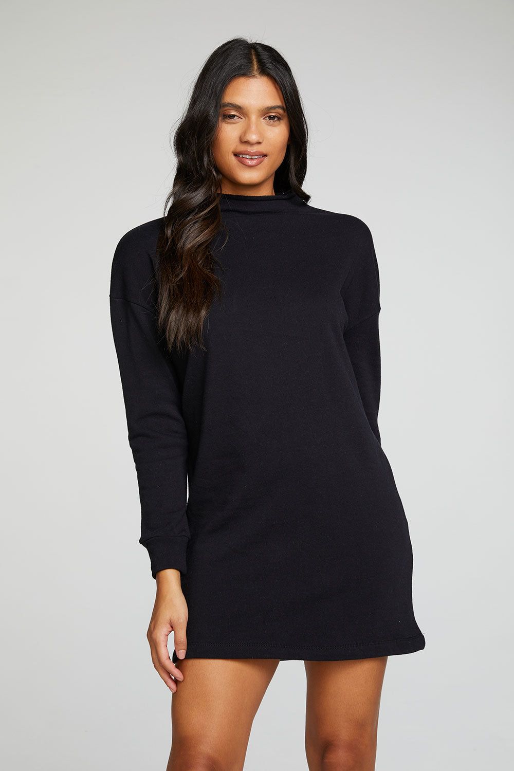Cotton Fleece Long Sleeve Drop Shoulder Mock Neck Mini Dress sold by Chaser product image thumbnail 4