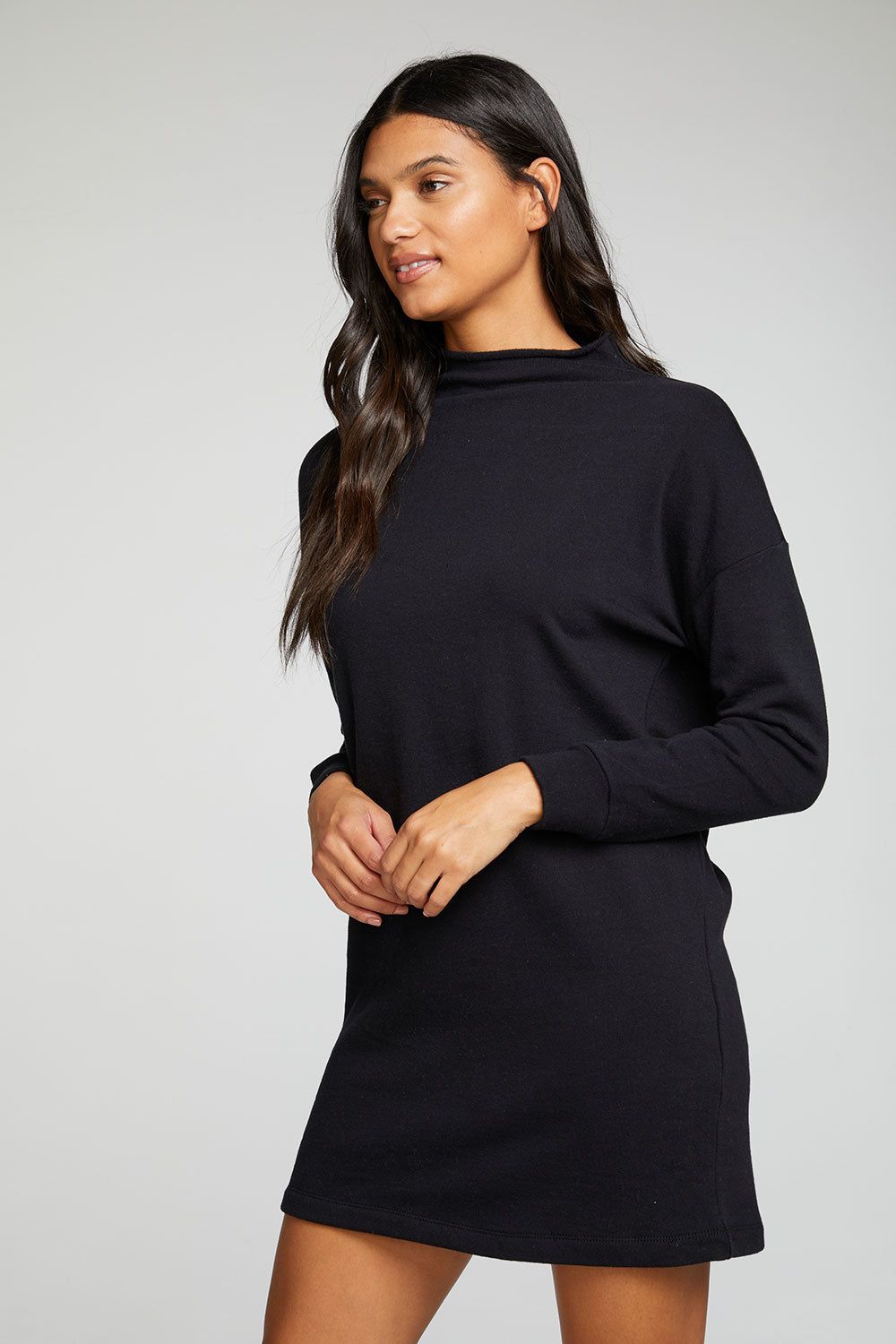 Cotton Fleece Long Sleeve Drop Shoulder Mock Neck Mini Dress sold by Chaser product image thumbnail 2