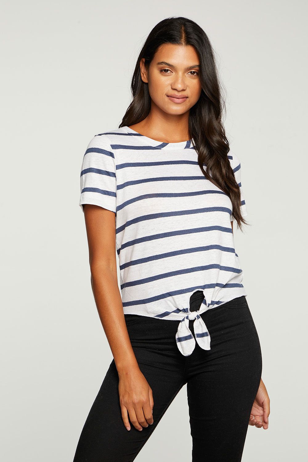 Linen Jersey Cropped Short Sleeve Tie Front Tee sold by Chaser product image thumbnail 3