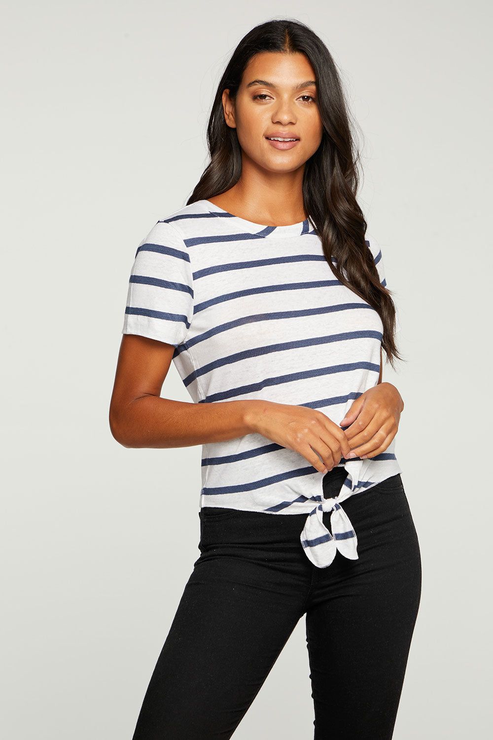 Linen Jersey Cropped Short Sleeve Tie Front Tee sold by Chaser