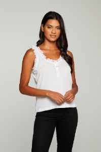 Cloud Jersey Mesh Ruffle Double Scoop Henley Tank sold by Chaser