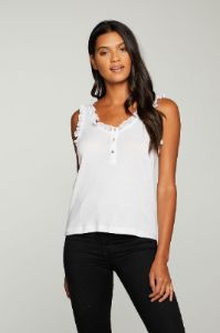 Cloud Jersey Mesh Ruffle Double Scoop Henley Tank sold by Chaser