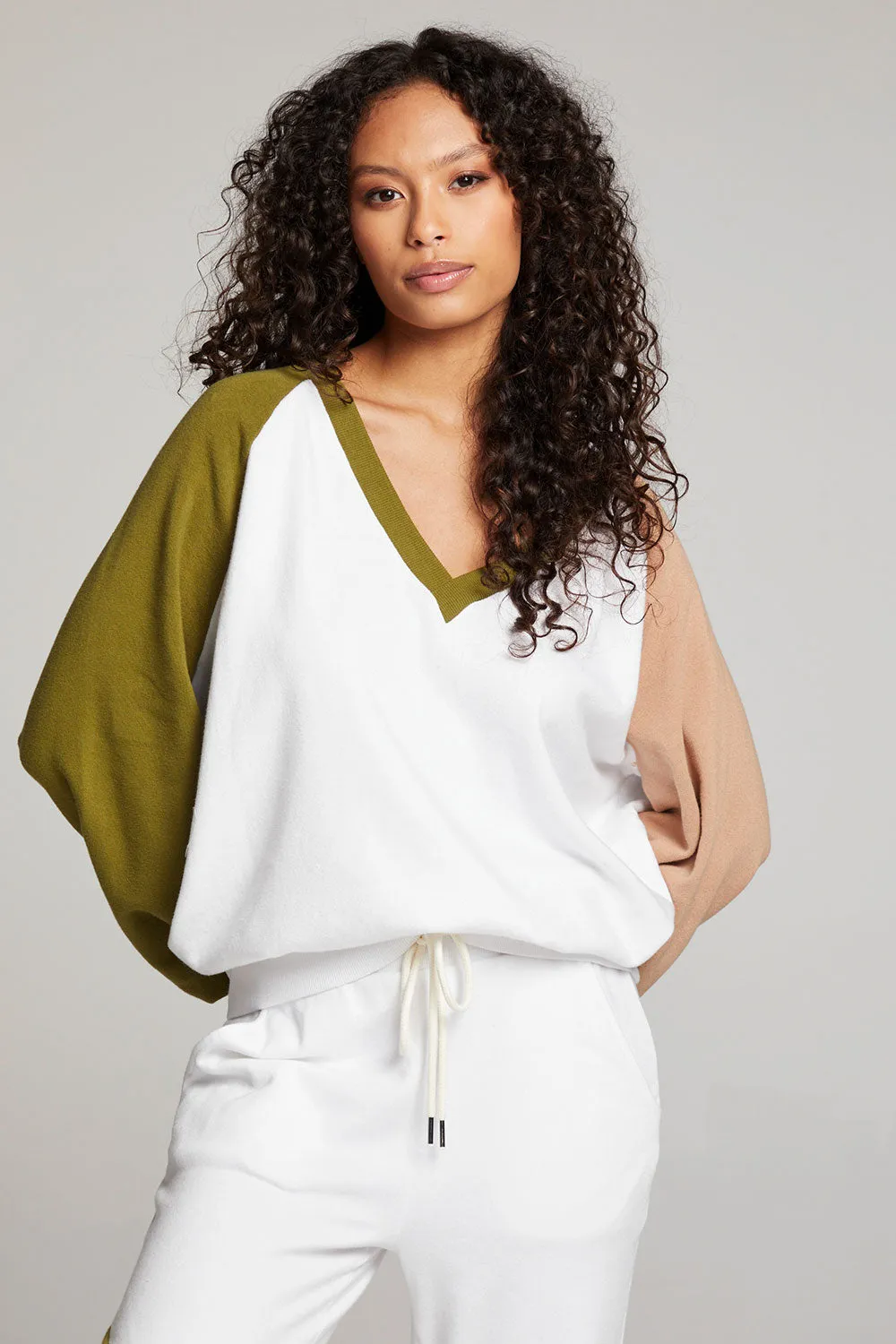 Hannah Sand Color Block V Neck Pullover sold by Chaser