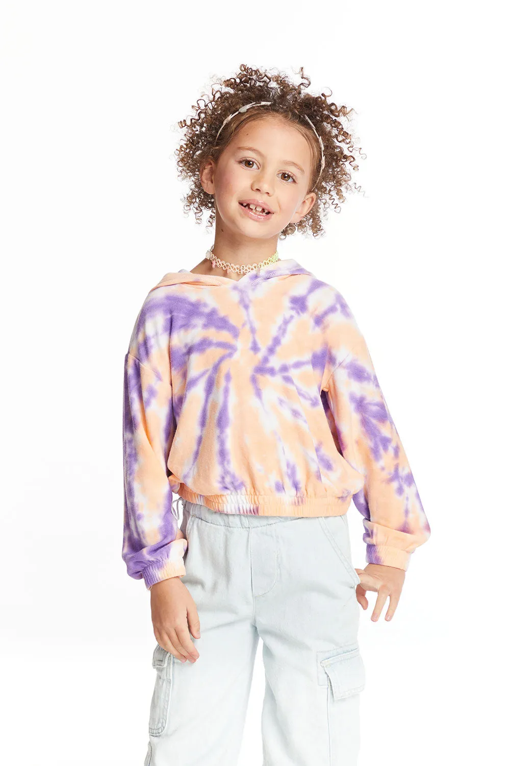 Semi Cropped Peach Lavender Girls Shirred Hoodie Pullover sold by Chaser