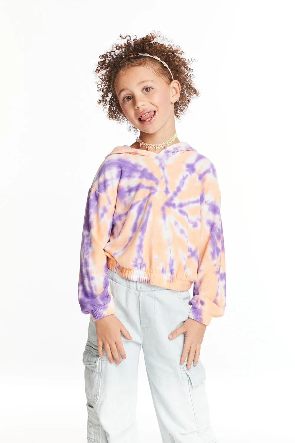 Semi Cropped Peach Lavender Girls Shirred Hoodie Pullover sold by Chaser product image thumbnail 2