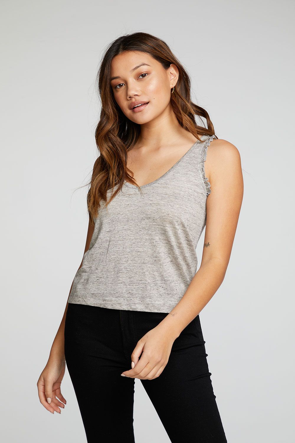 Linen Jersey V Neck Ruffle Racerback Tank sold by Chaser product image thumbnail 3