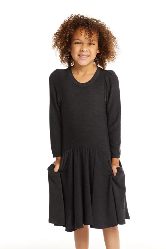 Puff Black Licorice Long Sleeve Dress with Twirl Skirt sold by Chaser