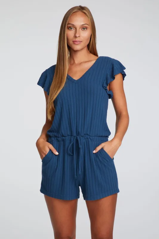 Poor Boy Rib Double V Flutter Sleeve Shorts Romper sold by Chaser