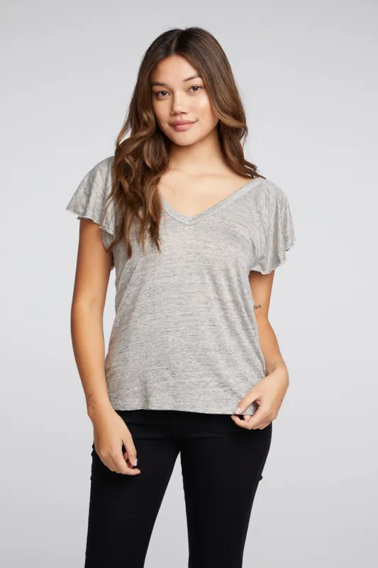 Linen Jersey Double V Raglan Flutter Sleeve Tee sold by Chaser