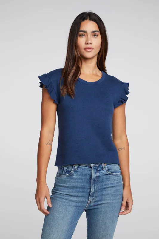 Linen French Terry Ruffle Drop Shoulder Boxy Pullover sold by Chaser