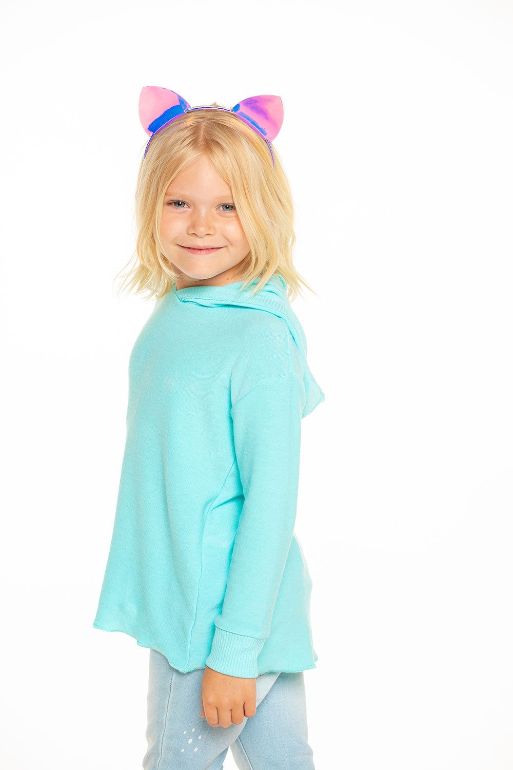 Cozy Knit Hi Lo Pullover Hoodie in Tiffany Blue sold by Chaser