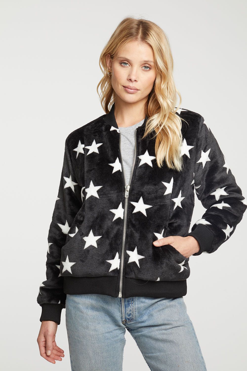 Star Faux Fur Long Sleeve Bomber Jacket sold by Chaser product image thumbnail 3