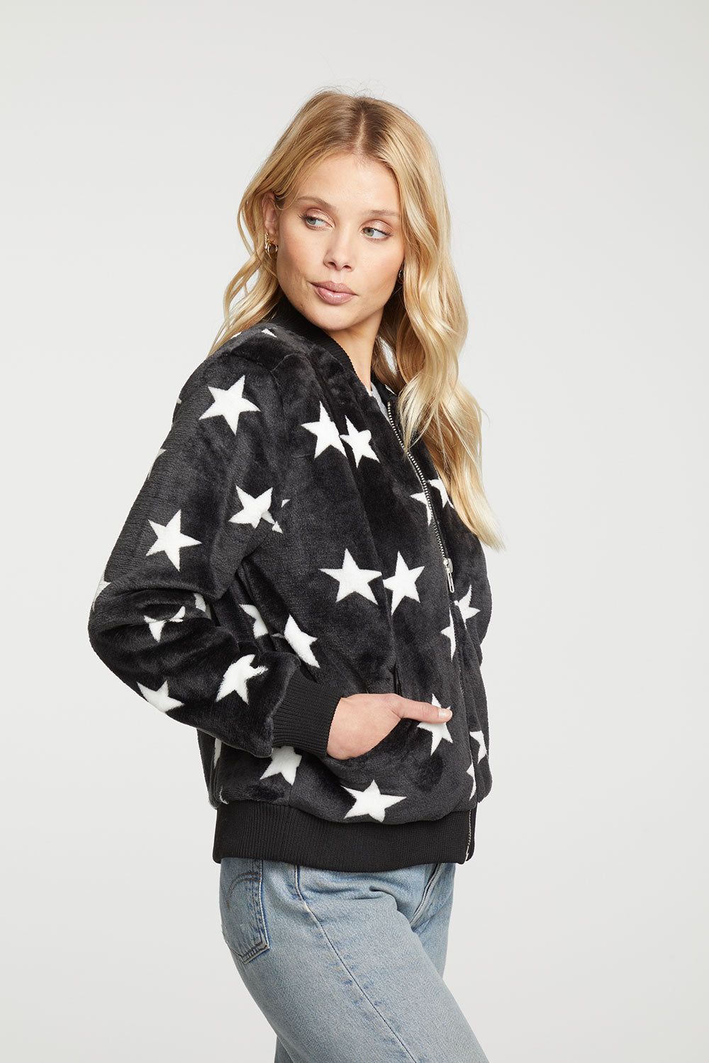 Star Faux Fur Long Sleeve Bomber Jacket sold by Chaser product image thumbnail 2