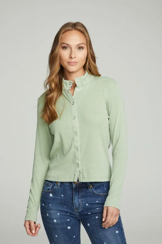 Long Sleeve Snap Front Mock Neck Tee sold by Chaser