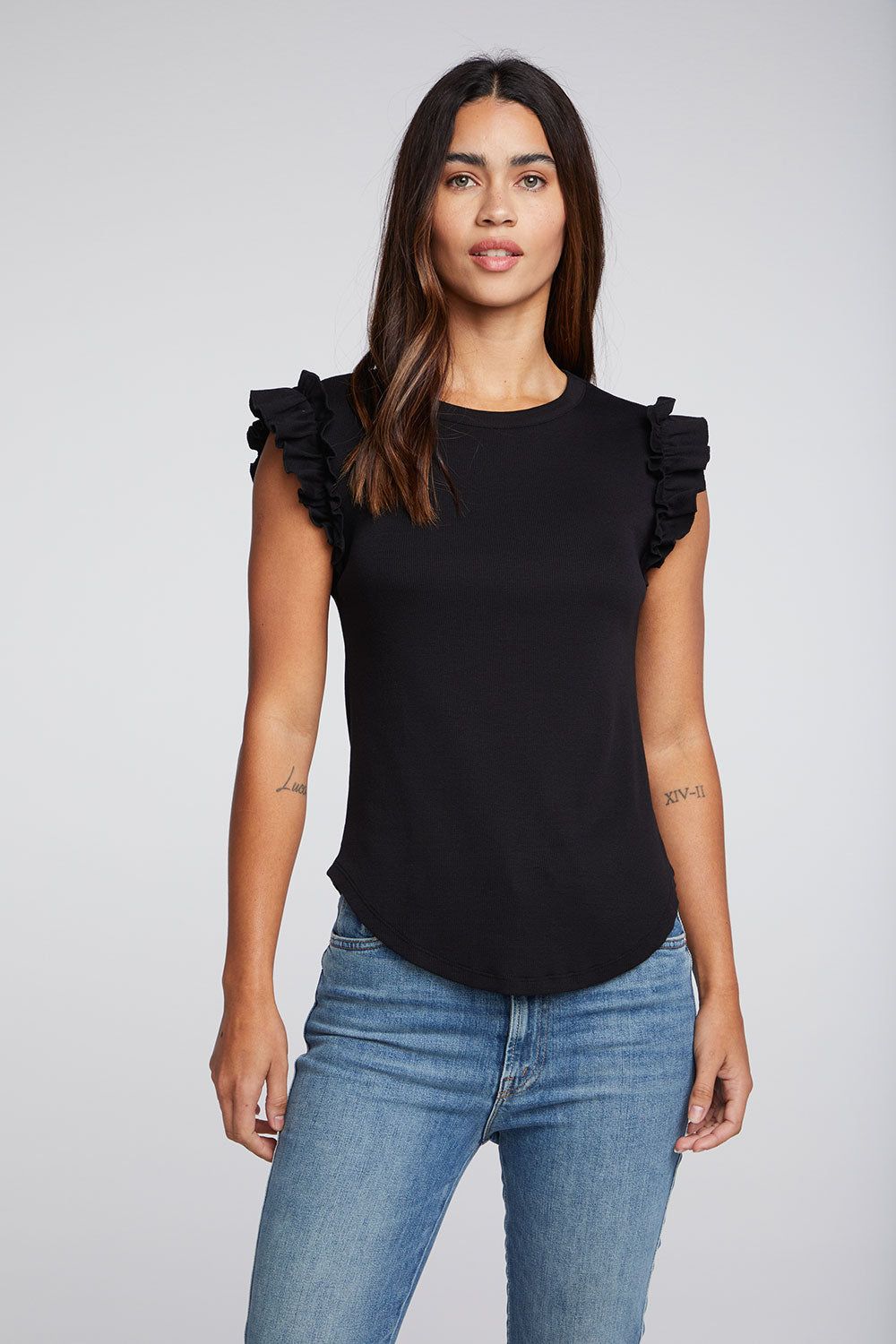 Recycled Vintage Rib Ruffle Sleeve Shirttail Tee sold by Chaser product image thumbnail 3