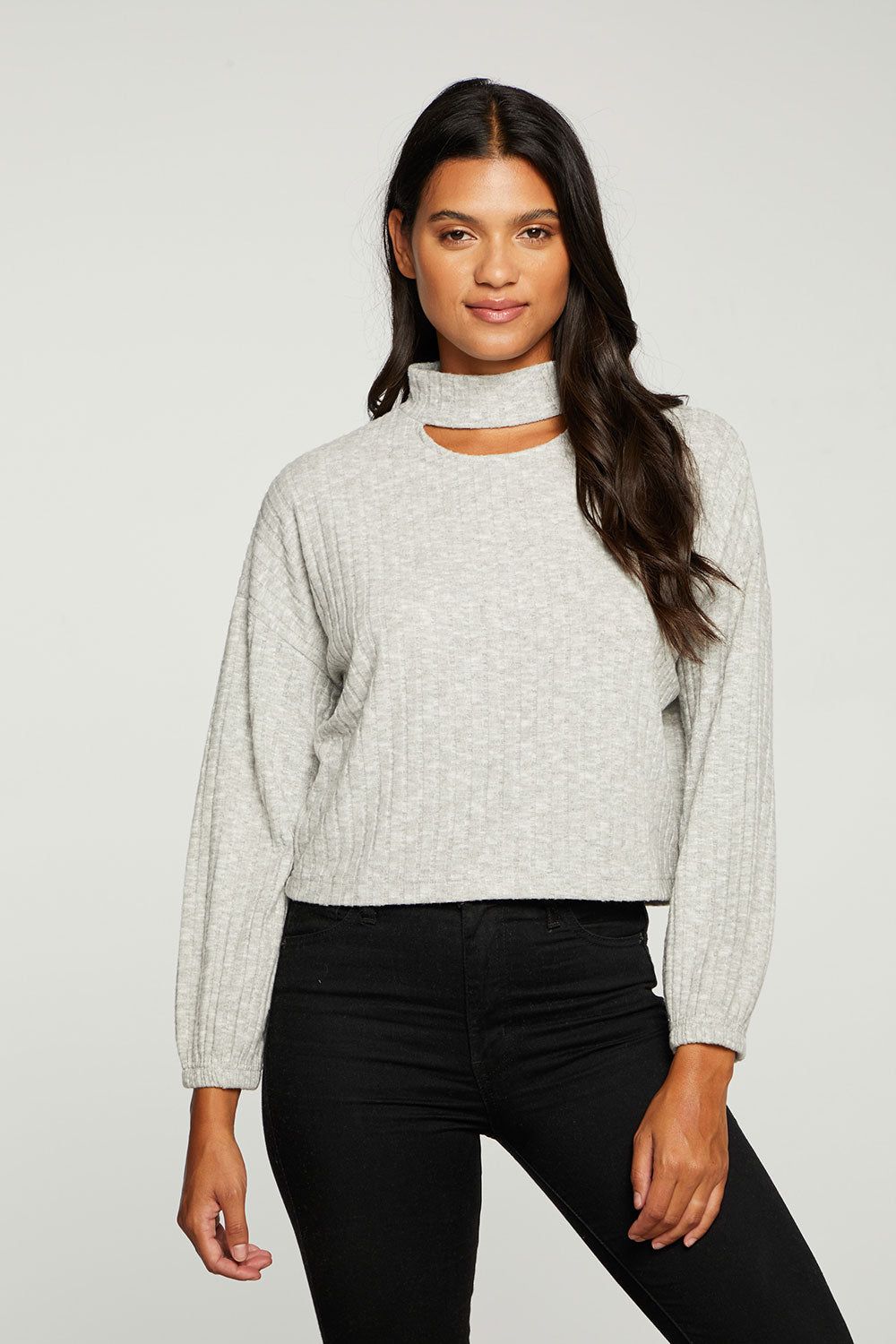 Poor Boy Rib Blouson Sleeve Vented Mock Neck Pullover sold by Chaser