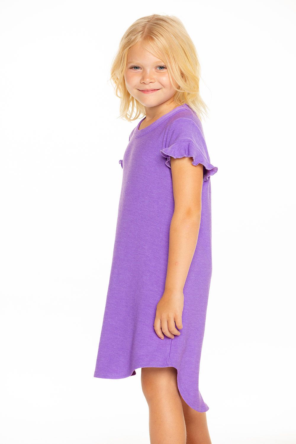 Cozy Knit Ruffle Short Sleeve Shirttail Mini Dress in Electric Purple sold by Chaser product image thumbnail 3