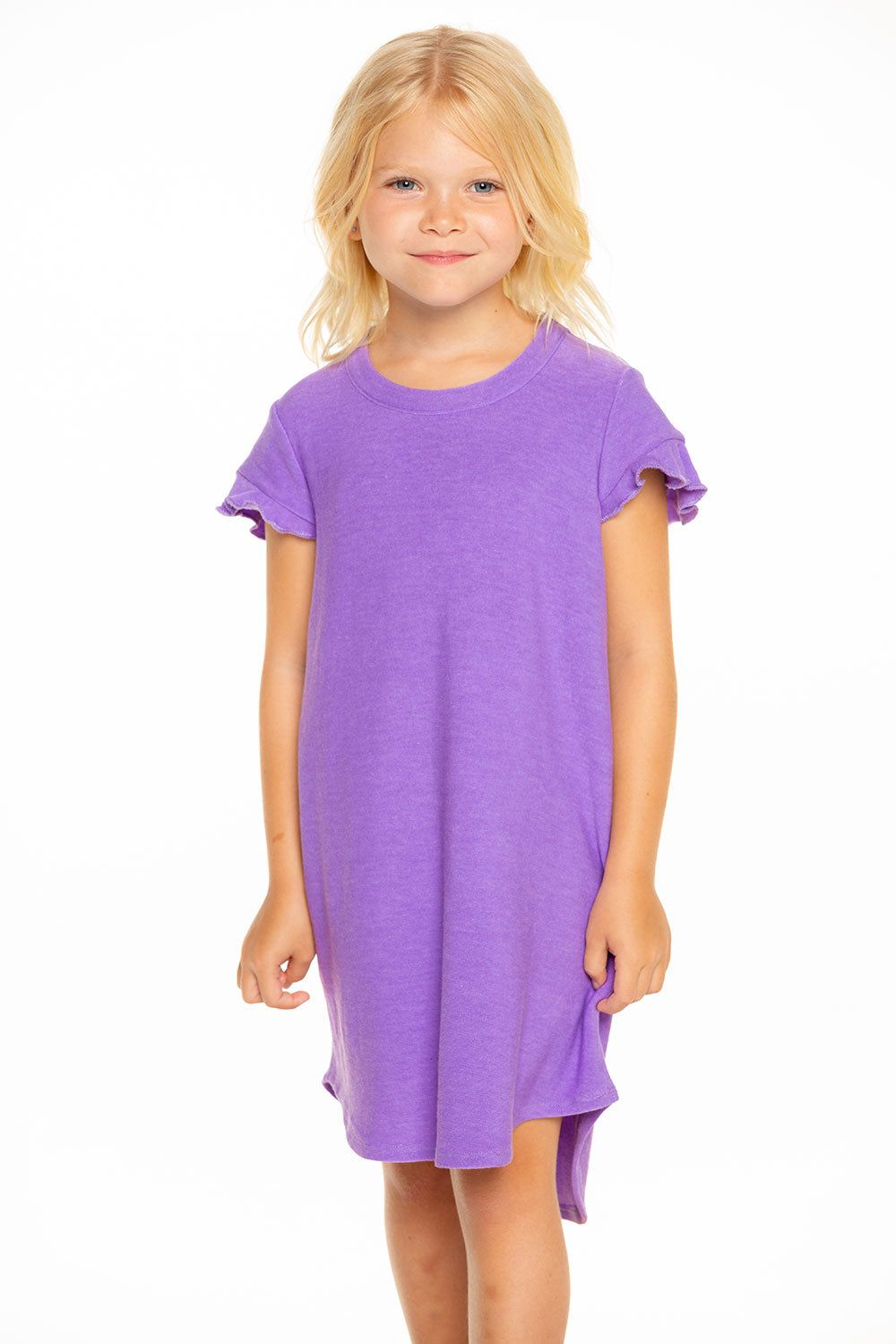 Cozy Knit Ruffle Short Sleeve Shirttail Mini Dress in Electric Purple sold by Chaser product image thumbnail 2