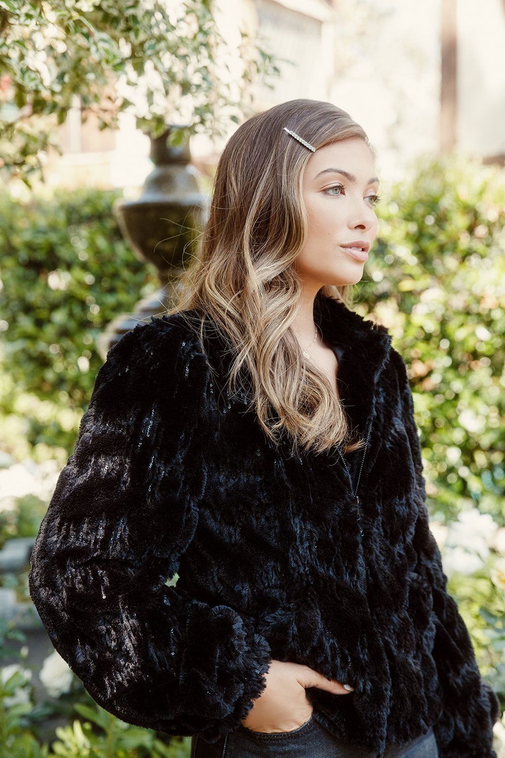 Sequin Faux Fur Puff Sleeve Zip Up Jacket sold by Chaser product image thumbnail 2