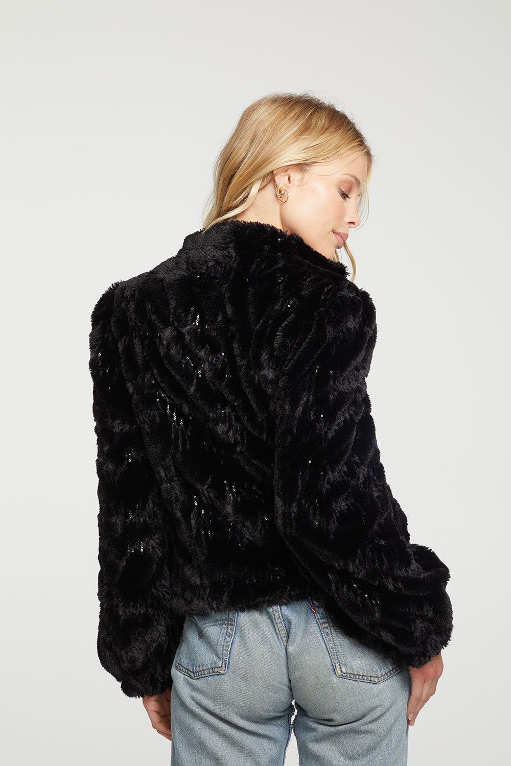 Sequin Faux Fur Puff Sleeve Zip Up Jacket sold by Chaser product image thumbnail 5