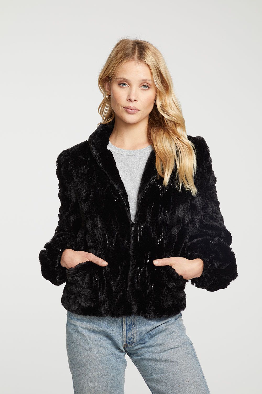 Sequin Faux Fur Puff Sleeve Zip Up Jacket sold by Chaser product image thumbnail 3