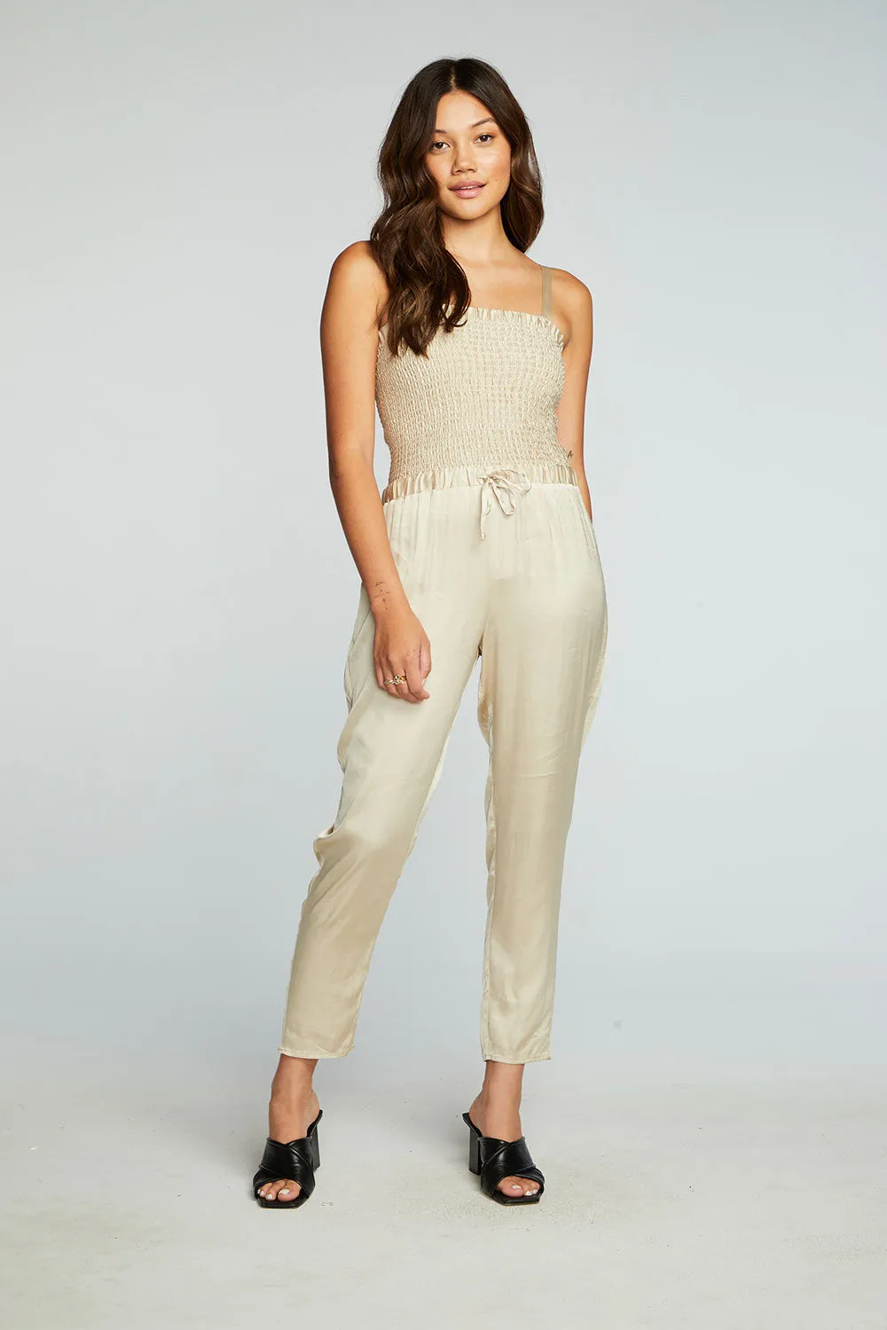 Stretch Silky Basics Smocked Drawstring Waist Jumpsuit sold by Chaser