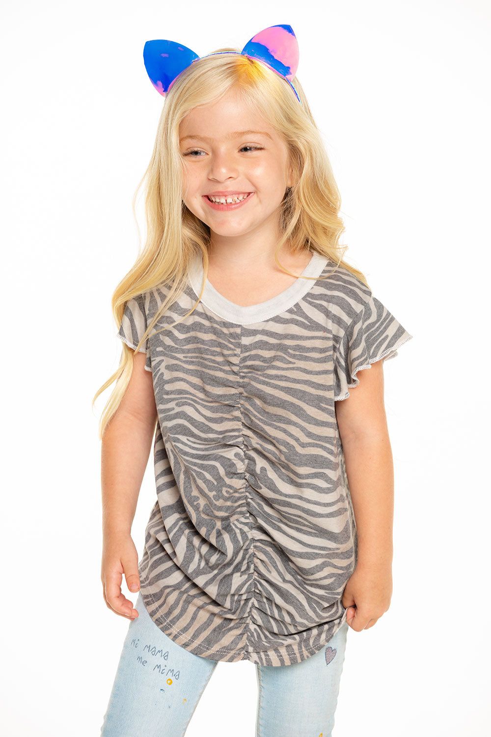 Recycled Vintage Jersey Shirred Flutter Sleeve Tee in Zebra Stripe sold by Chaser