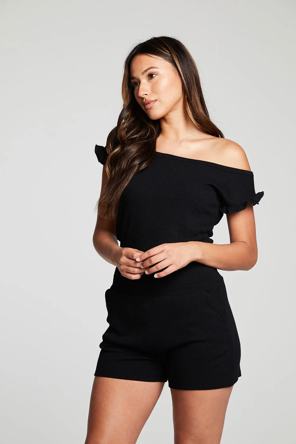 Recycled Cozy Rib Off The Shoulder Ruffle Smocked Shorts Romper sold by Chaser product image thumbnail 5