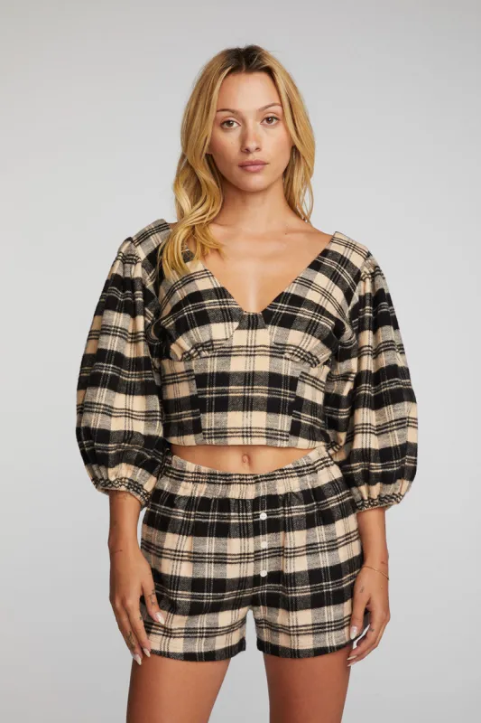 Flannel Puff Sleeve Cropped Blouse sold by Chaser