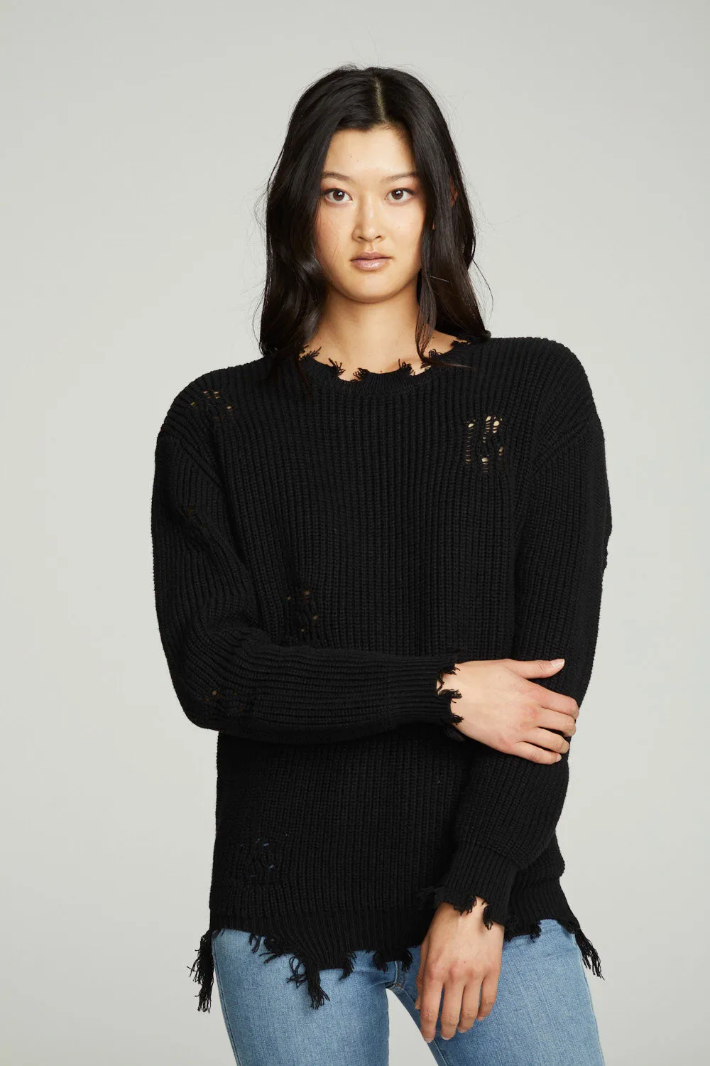 Long Sleeve Crew Neck Deconstructed Sweater Pullover sold by Chaser