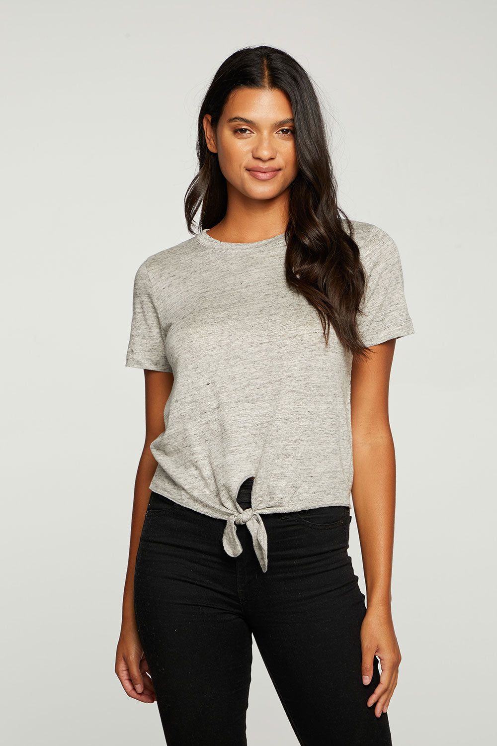 Linen Jersey Cropped Short Sleeve Tie Front Tee sold by Chaser product image thumbnail 2