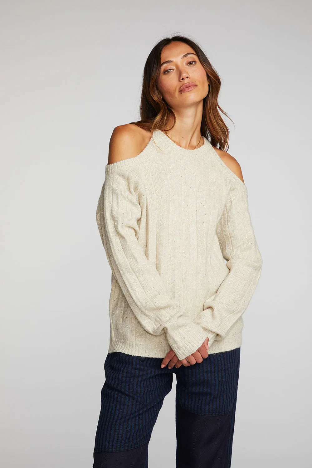 Sequin Knit Cold Shoulder Sweater sold by Chaser