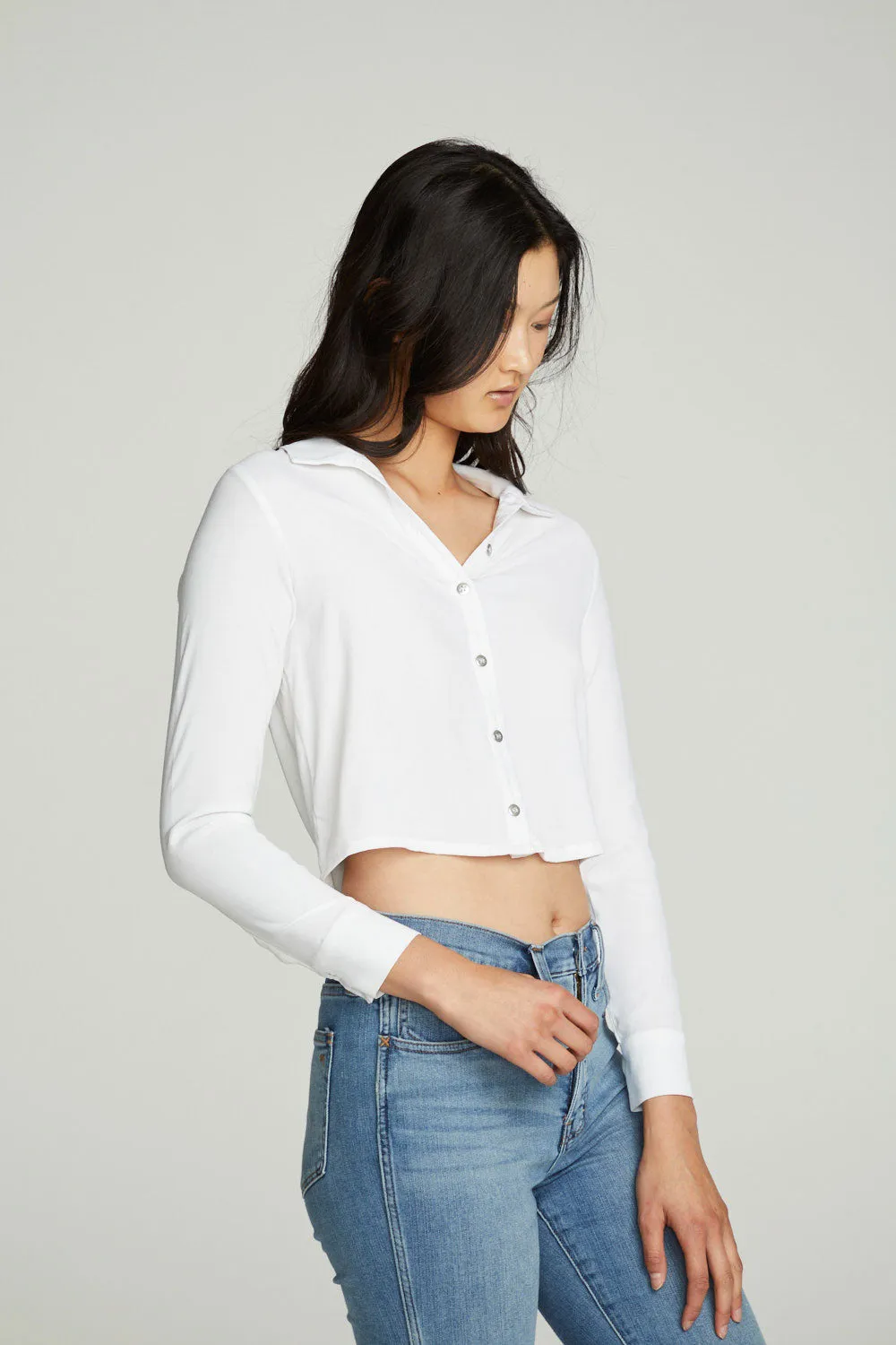Cropped Long Sleeve Button Down Shirt sold by Chaser product image thumbnail 4