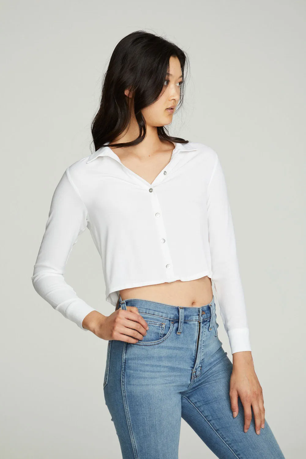 Cropped Long Sleeve Button Down Shirt sold by Chaser product image thumbnail 2