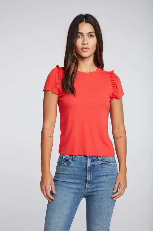 Linen Rib Raw Edge Ruffle Puff Sleeve Tee sold by Chaser