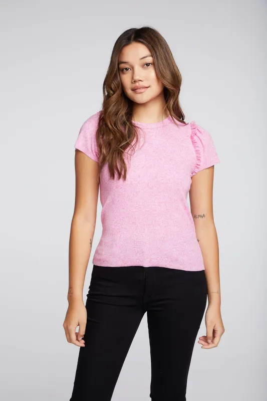 Linen Rib Raw Edge Ruffle Puff Sleeve Tee sold by Chaser