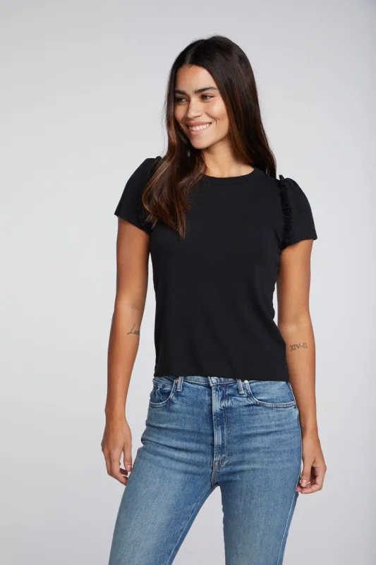 Linen Rib Raw Edge Ruffle Puff Sleeve Tee sold by Chaser