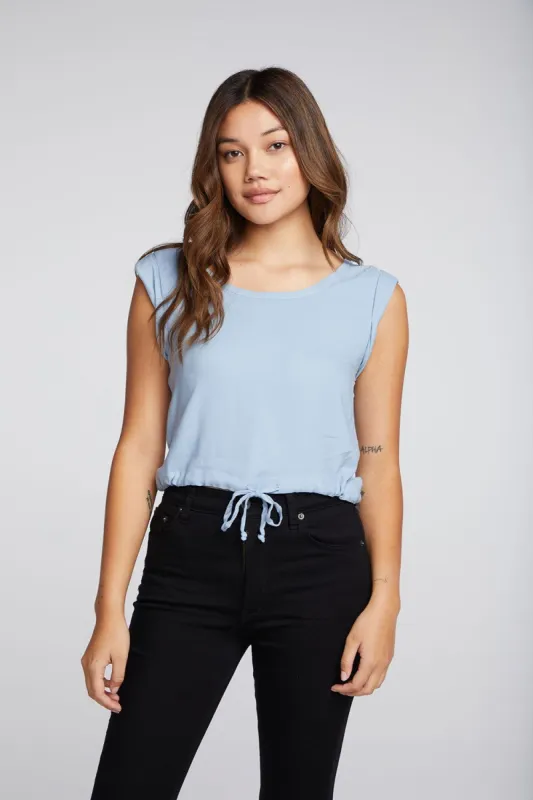 Heirloom Wovens Tie Waist Rolled Armhole Crop Tank made by Chaser