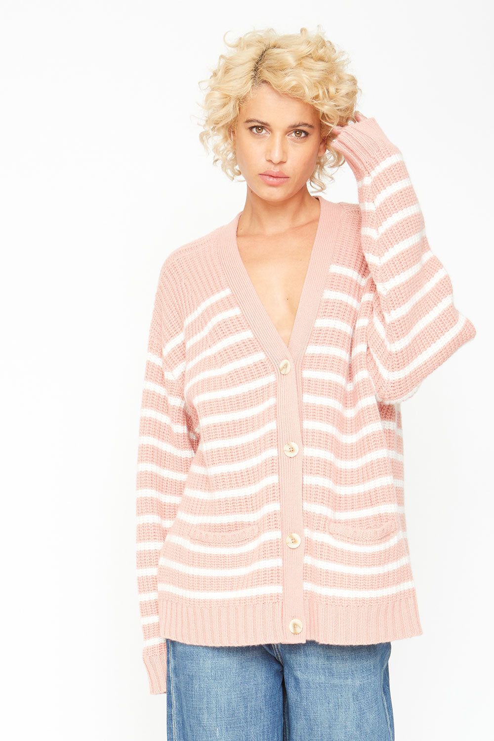 Grandpa Cardigan Sweater - Pink and White Stripe sold by Chaser product image thumbnail 3