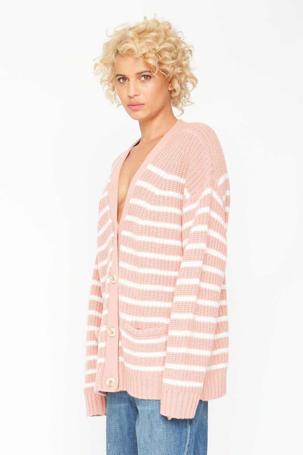 Grandpa Cardigan Sweater - Pink and White Stripe sold by Chaser product image thumbnail 4