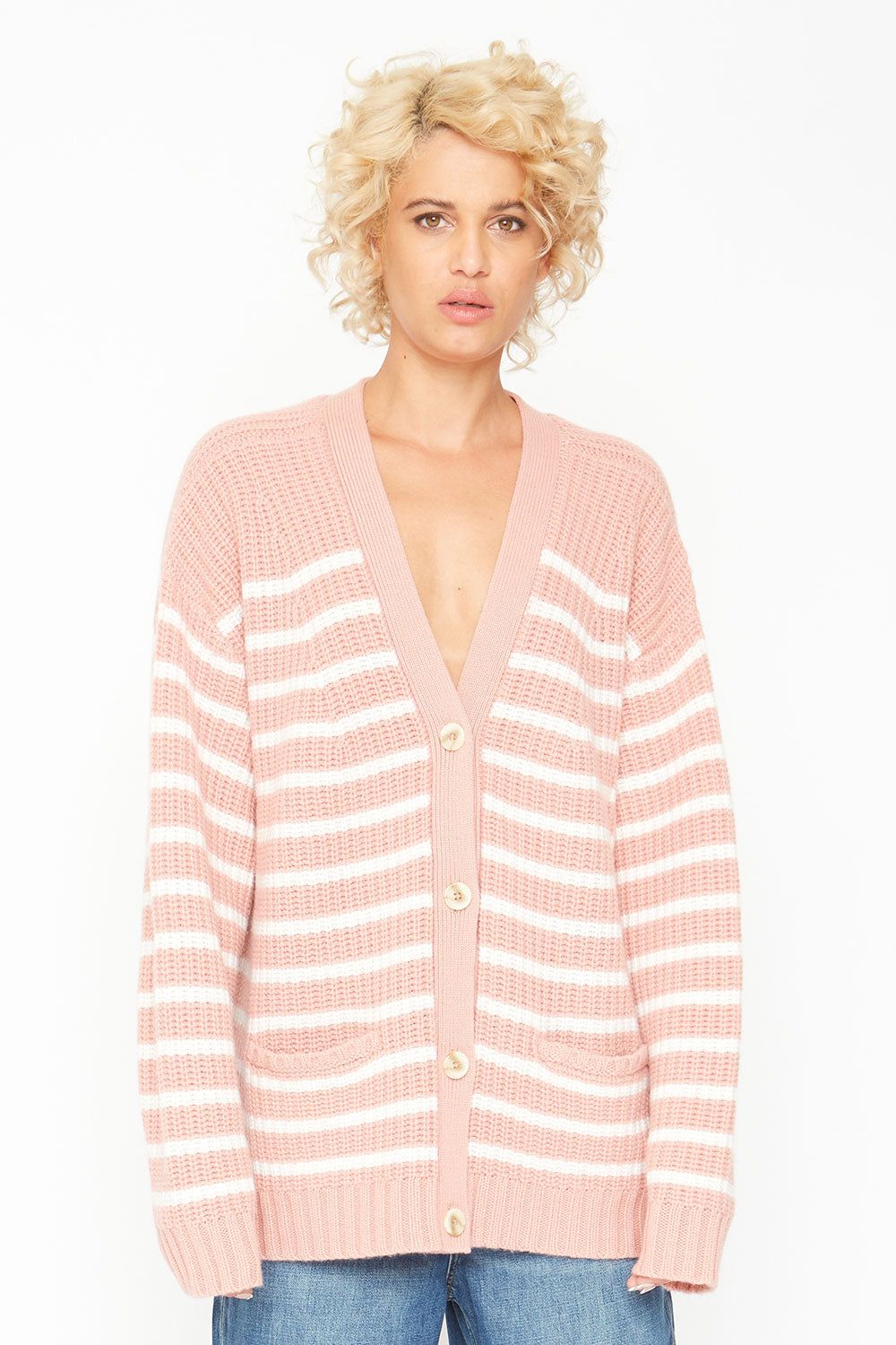 Grandpa Cardigan Sweater - Pink and White Stripe sold by Chaser