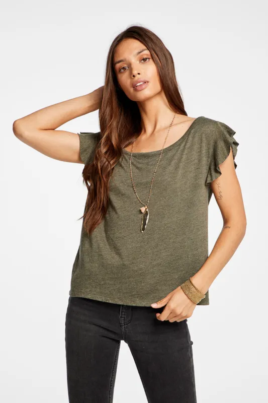 Triblend Jersey Cropped Flutter Sleeve Open Neck Tee sold by Chaser