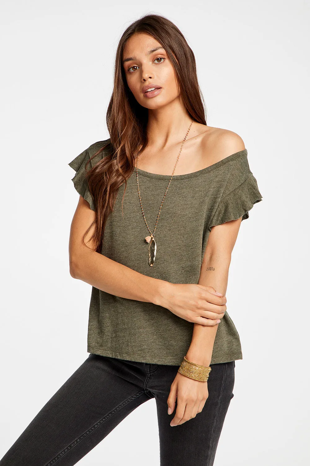 Triblend Jersey Cropped Flutter Sleeve Open Neck Tee sold by Chaser product image thumbnail 2