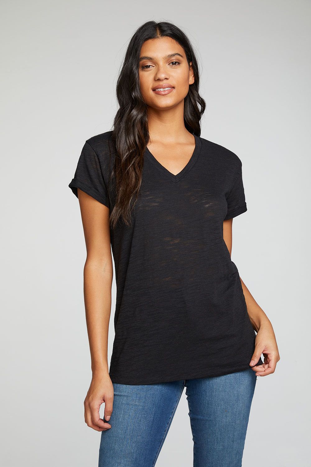 Slub Jersey Roll Sleeve V Neck Tee sold by Chaser